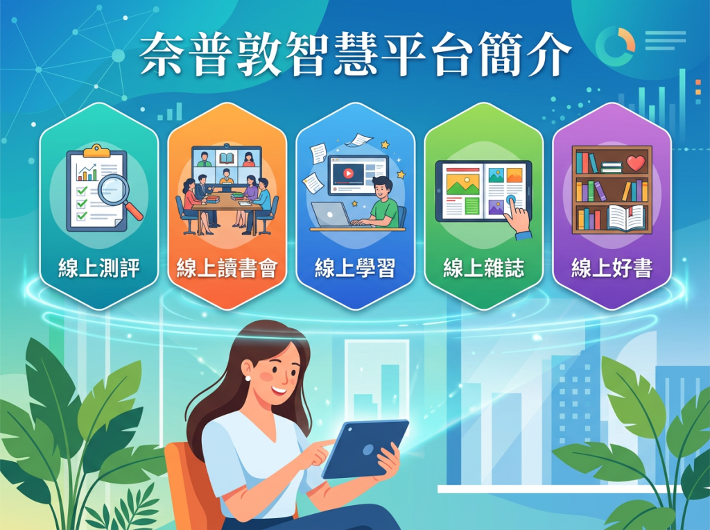 奈普敦智慧平台簡介,包含線上測評、線上讀書會、線上學習、線上雜誌與線上好書五項功能。