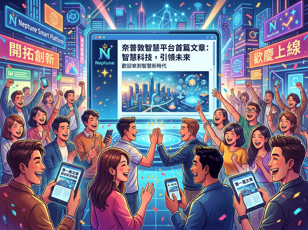Crowd celebrating Neptune Smart Platform launch beneath Chinese headlines and digital technology displays
