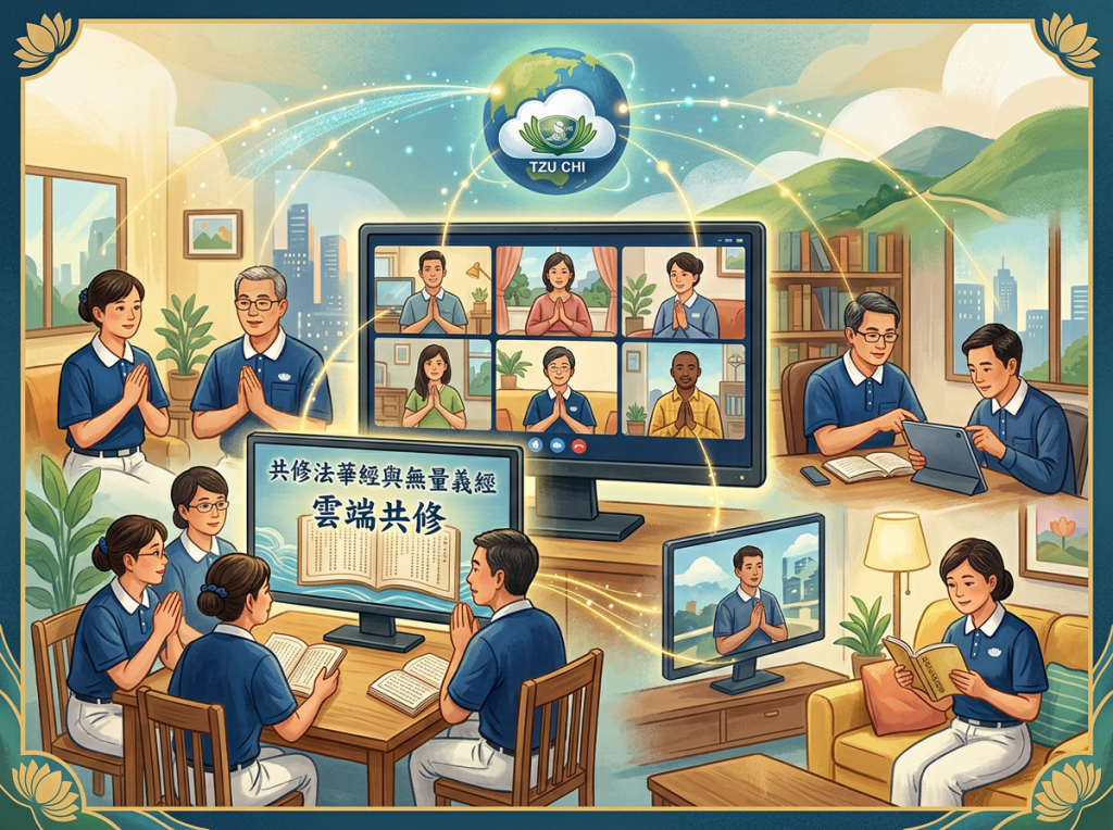 Tzu Chi virtual gathering with text「共修法華經與無量義經 雲端共修」