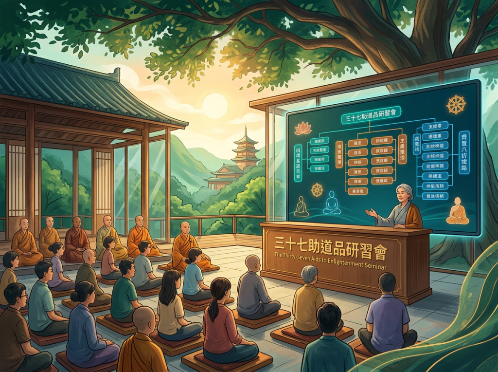 Buddhist seminar with monks, students, teaching board, and text "The Thirty-Seven Aids to Enlightenment Seminar"