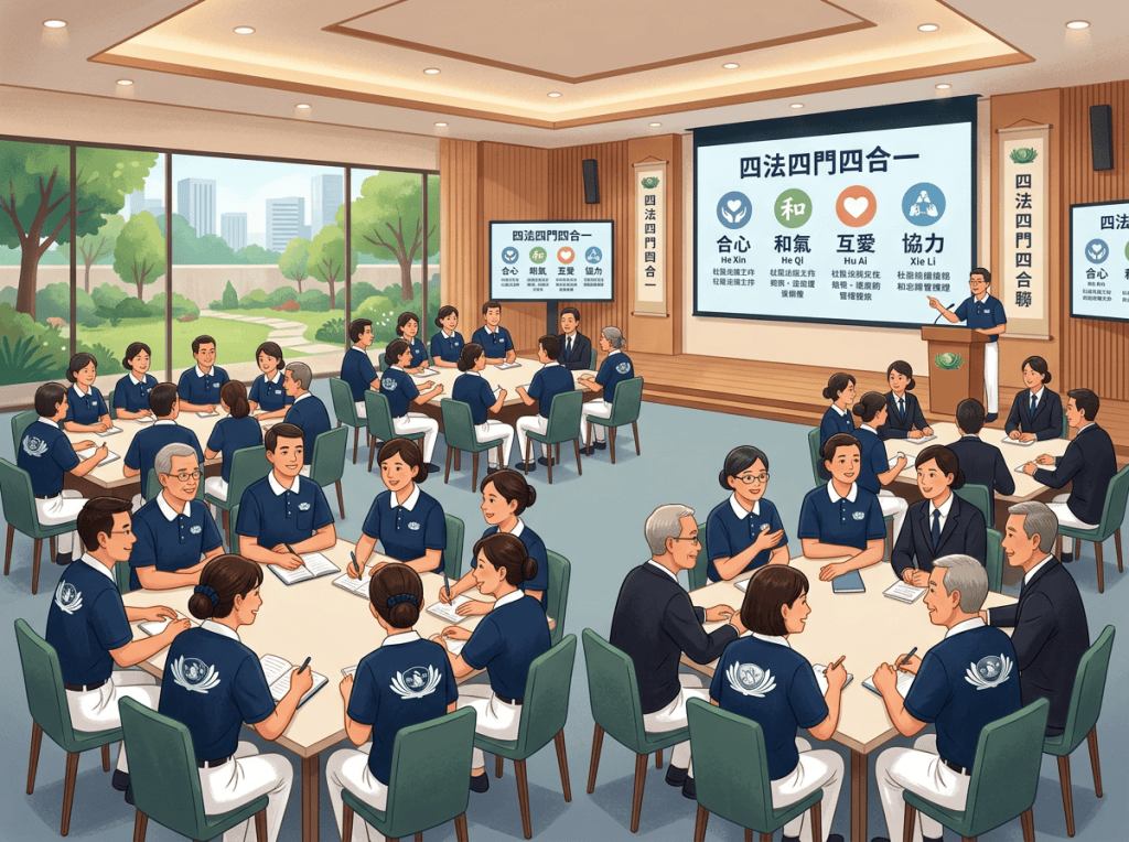 Workshop participants collaborate under a presentation reading 四法四門四合一, with 合心、和氣、互愛、協力