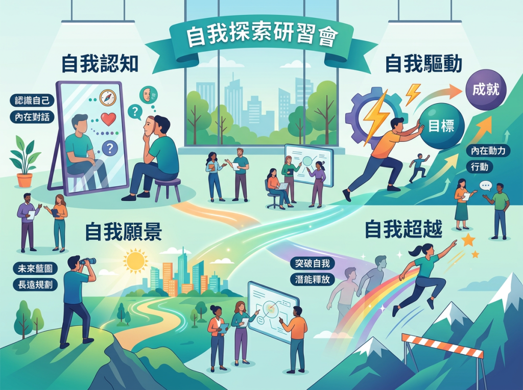 自我探索学习會;自我認知、內在對話、認識自己;自我驅動、目標、內在動力、行動、成就;自我願景、未來藍圖、長遠規劃;自我超越、突破自我、潛能釋放