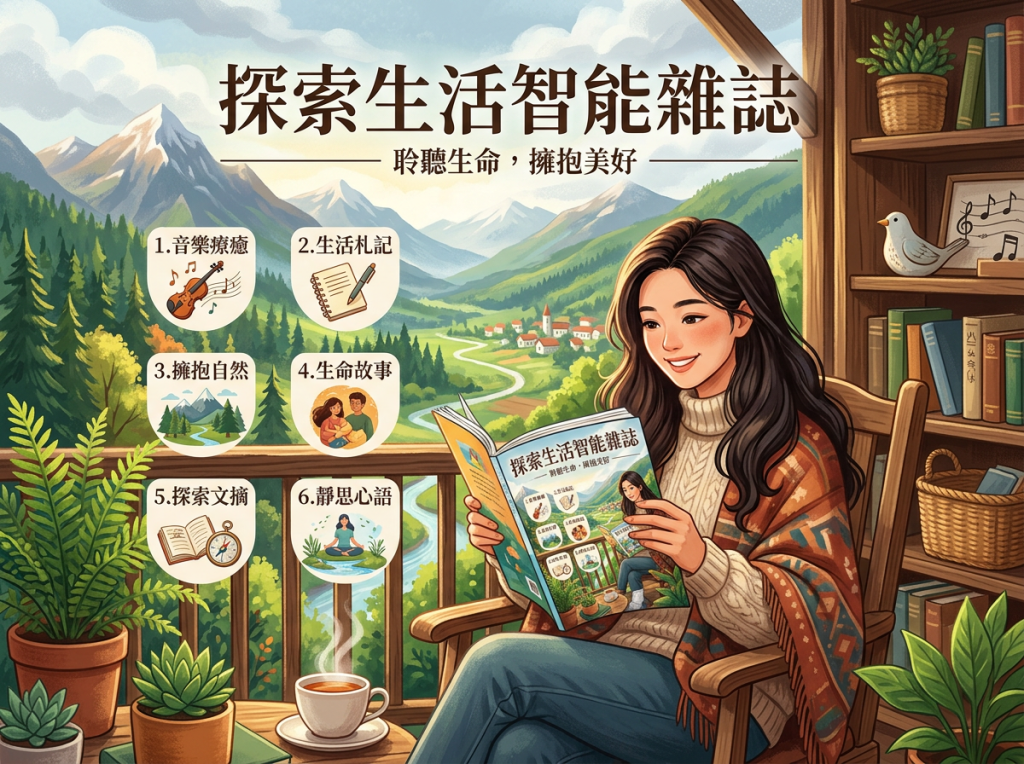 「探索生活智能雜誌」「聆聽生命,擁抱美好」;「1.音樂療癒」「2.生活札記」「3.擁抱自然」「4.生命故事」「5.探索文摘」「6.靜思心語」;女子坐在窗邊閱讀雜誌,窗外是山谷景色。