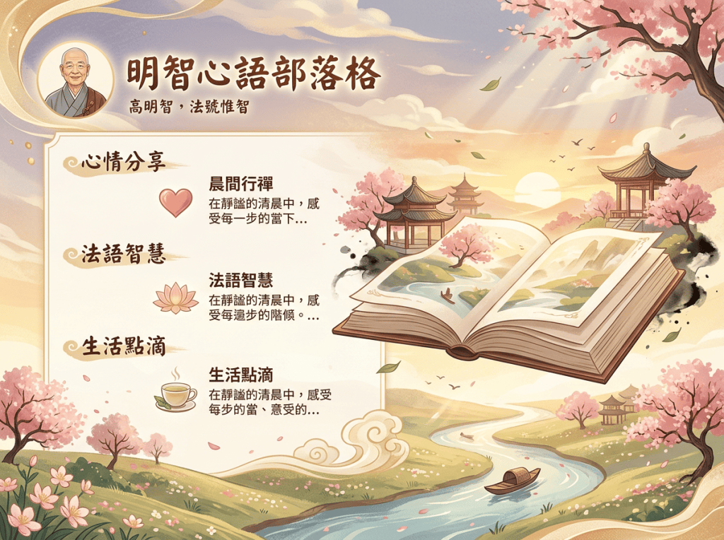 明智心語部落格;高明智,法號惟智;心情分享、法語智慧、生活點滴;晨間行禪、法語智慧與生活點滴文字;櫻花、亭台、溪流和攤開的書