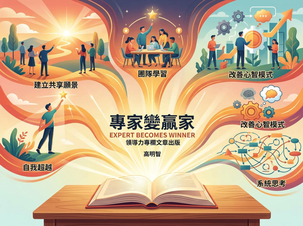 Leadership illustration with text: 專家變贏家, EXPERT BECOMES WINNER, 領導力專欄文章出版, 高明智, 建立共享願景, 團隊學習, 改善心智模式, 自我超越, 系統思考