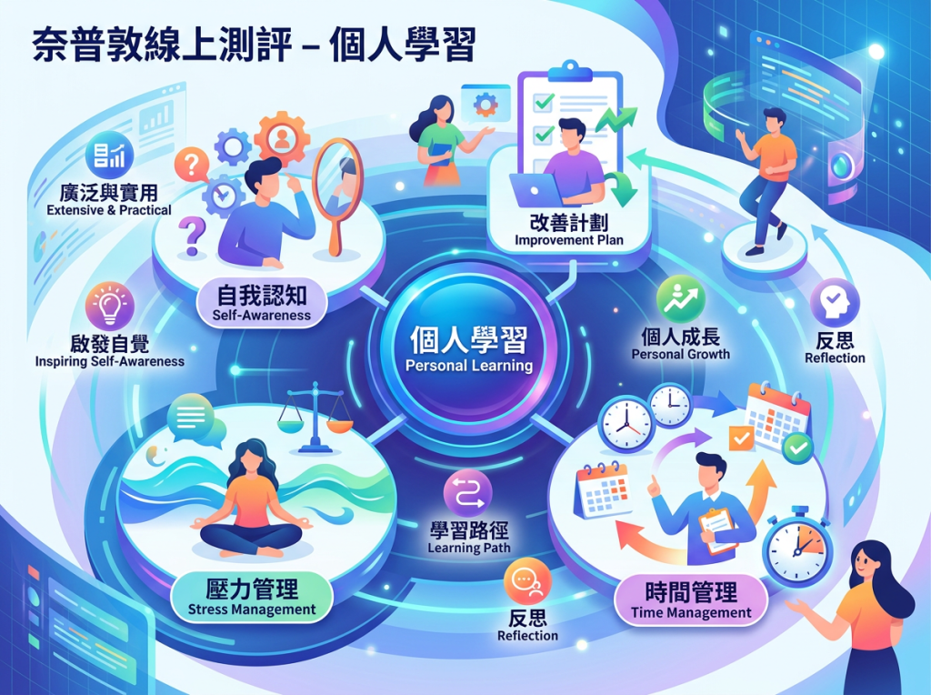 奈普敦線上測評-個人學習;個人學習 Personal Learning;自我認知 Self-Awareness;改善計劃 Improvement Plan;壓力管理 Stress Management;時間管理 Time Management;個人成長 Personal Growth;反思 Reflection;啟發自覺 Inspiring Self-Awareness;廣泛與實用 Extensive & Practical;學習路徑 Learning Path