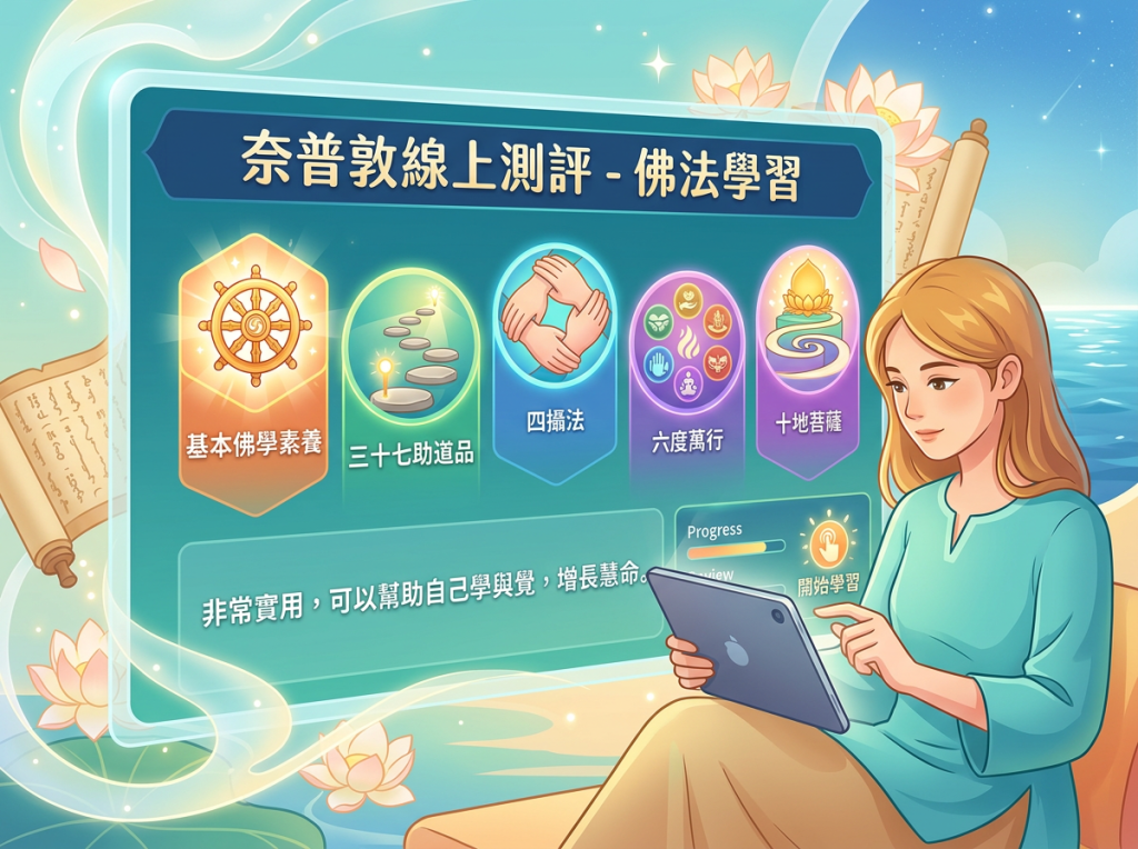 奈普敦線上測評-佛法學習;基本佛學素養、三十七助道品、四攝法、六度萬行、十地菩薩;非常實用,可以幫助自己學與覺,增長慧命;Progress、Overview、開始學習