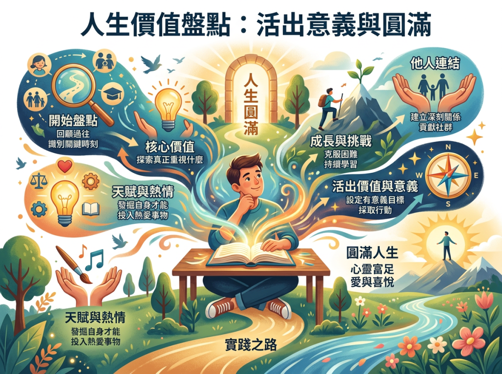 人生價值盤點：活出意義與圓滿；開始盤點、核心價值、天賦與熱情、成長與挑戰、他人連結、活出價值與意義、圓滿人生、實踐之路。