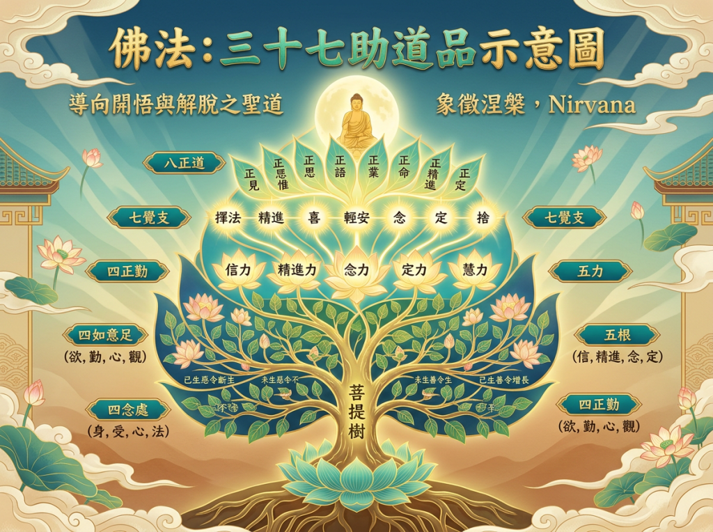 佛法：三十七助道品示意图；导向开悟与解脱之圣道，象征涅槃 Nirvana；图中列出八正道、七觉支、四正勤、四如意足、四念处、五力、五根，以及菩提树、佛陀和莲花。