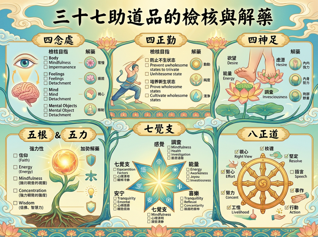 Chinese infographic titled 三十七助道品的檢核與解藥, outlining Buddhist practices including 四念處, 四正勤, 四神足, 五根, 五力, 七覺支, and 八正道.