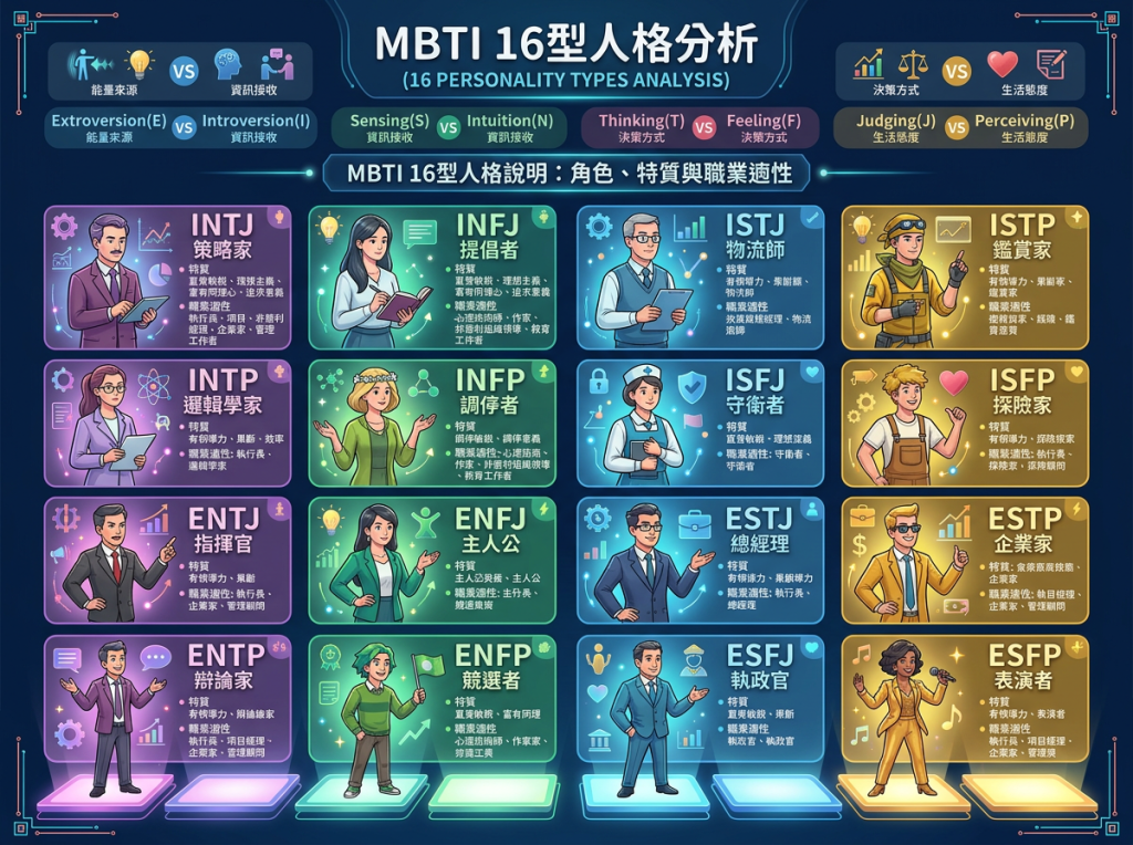 MBTI 16型人格分析圖，展示INTJ至ESFP十六種人格類型、角色名稱與職業適性
