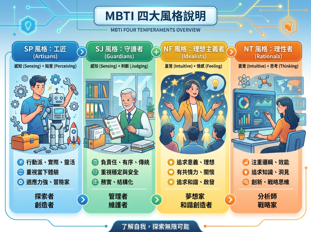 MBTI四大風格說明：SP工匠、SJ守護者、NF理想主義者、NT理性者