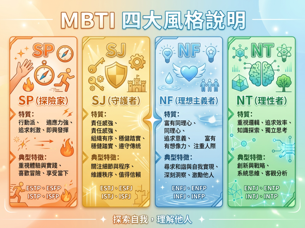 MBTI 四大風格說明：SP探險家、SJ守護者、NF理想主義者、NT理性者；探索自我，理解他人。