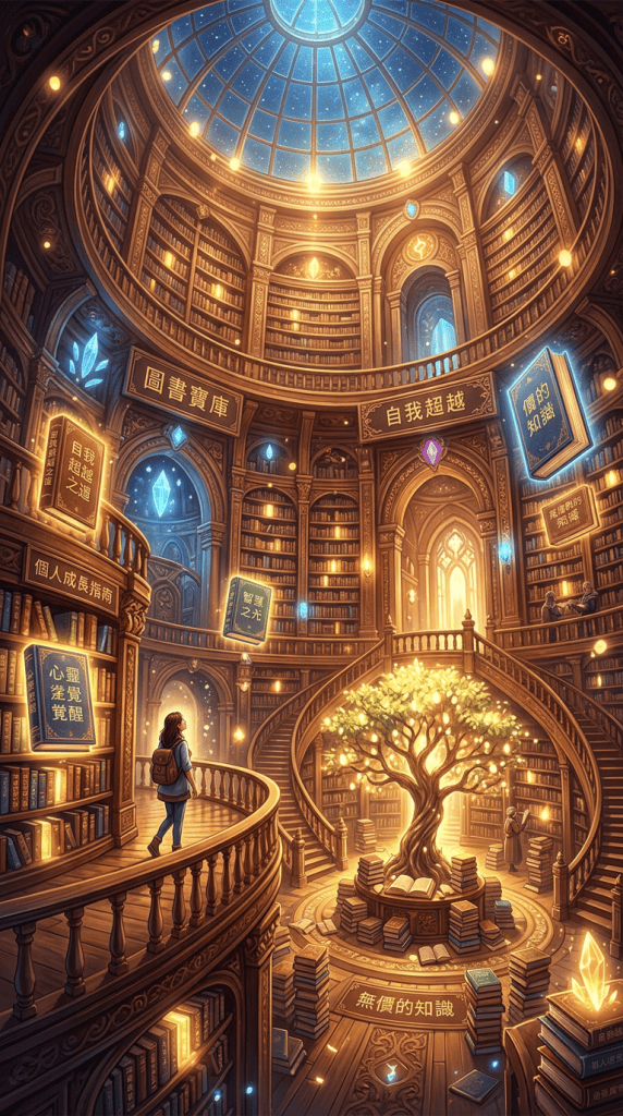 Fantasy library with glowing tree, books, visitor, and Chinese signs including 圖書寶庫 and 自我超越