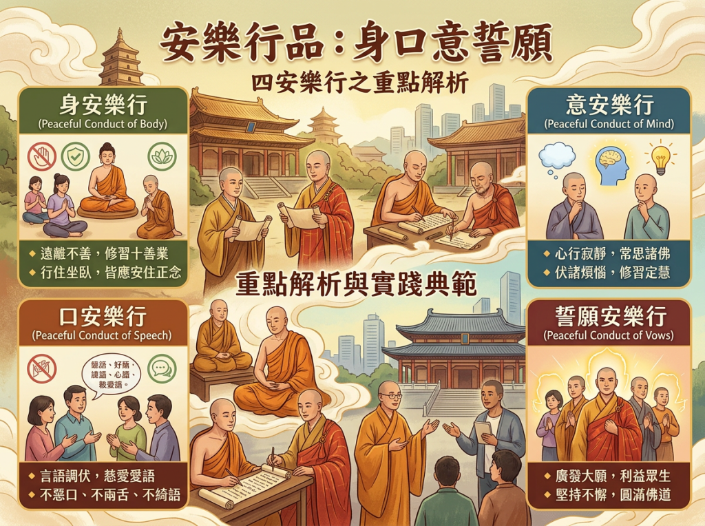 安樂行品:身口意誓願,四安樂行之重點解析與實踐典範;身安樂行、口安樂行、意安樂行、誓願安樂行四欄圖解