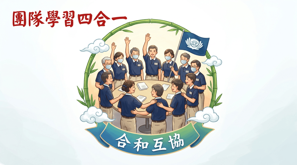 團隊學習四合一;合和互協;團隊圍桌討論並舉旗