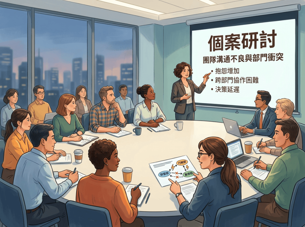 Team meeting with slide reading「個案研討」「團隊溝通不良與部門衝突」「抱怨增加」「跨部門協作困難」「決策延遲」