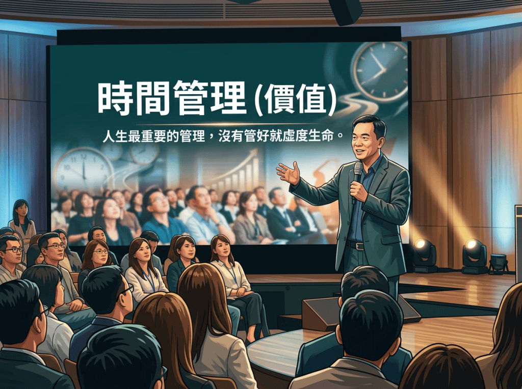 Speaker presenting time management and life values to an audience