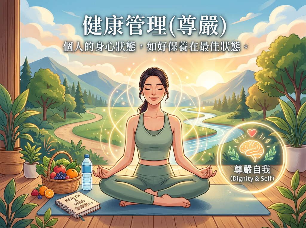 Meditating woman with fruit, water, and text: 健康管理(尊嚴); 個人的身心狀態,如好保養在最佳狀態。; 尊嚴自我 (Dignity & Self); HEALTH MIND; 保養身心