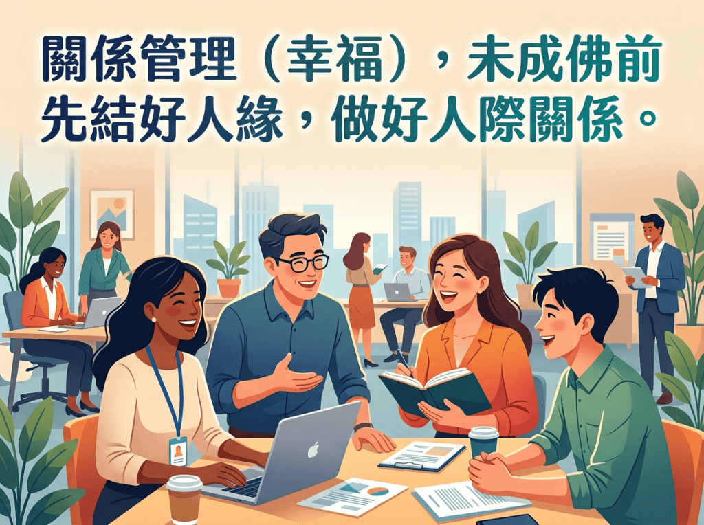 標題:關係管理(幸福),未成佛前,先結好人緣,做好人際關係。(場景是在職場)