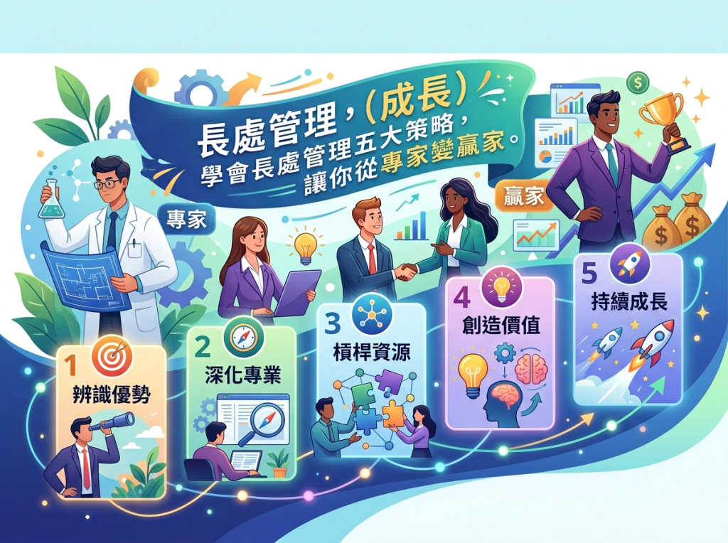 標題:長處管理,(成長);學會長處管理五大策略,讓你從專家變贏家;專家;贏家;1 辨識優勢;2 深化專業;3 槓桿資源;4 創造價值;5 持續成長