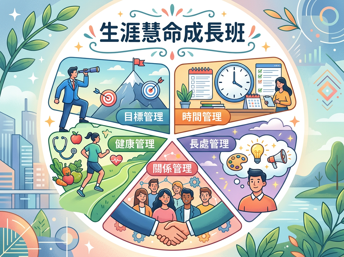 生涯慧命成長班;目標管理、時間管理、健康管理、長處管理、關係管理