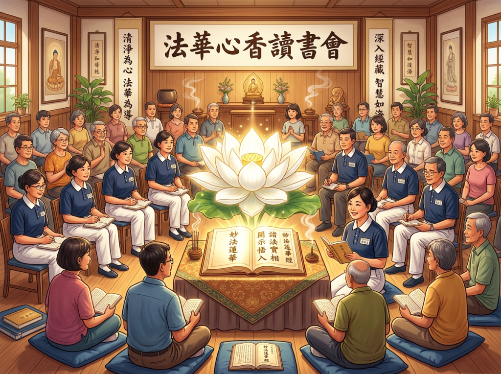 法華心香讀書會 gathering around a glowing lotus and open Lotus Sutra