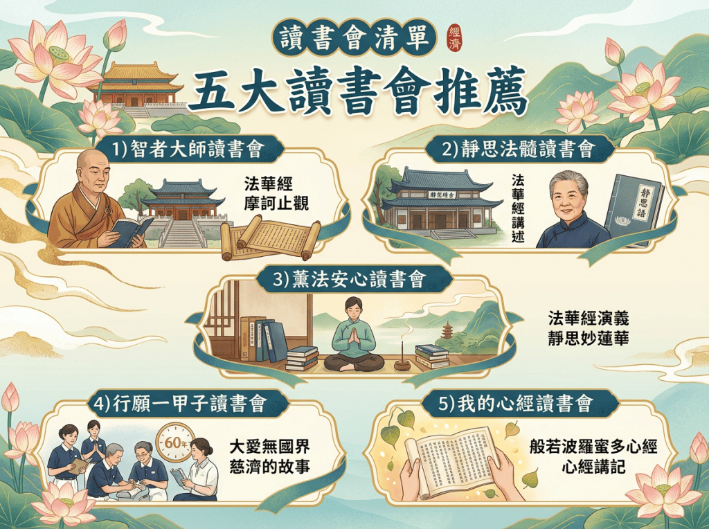 讀書會清單：五大讀書會推薦；1) 智者大師讀書會，法華經、摩訶止觀；2) 靜思法髓讀書會，法華經講述；3) 薰法安心讀書會，法華經演義、靜思妙蓮華；4) 行願一甲子讀書會，大愛無國界、慈濟的故事；5) 我的心經讀書會，般若波羅蜜多心經講記。