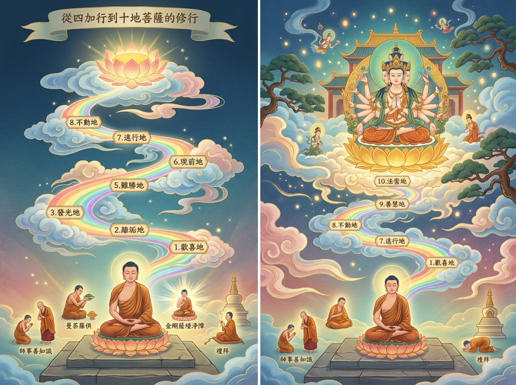 Buddhist diagram titled 從四加行到十地菩薩的修行, showing rainbow paths, lotus, meditating Buddha, bodhisattva, and stages 1.歡喜地, 2.離垢地, 3.發光地, 5.難勝地, 6.現前地, 7.遠行地, 8.不動地, 9.善慧地, 10.法雲地, with 師事善知識, 曼茶羅供, 金剛薩埵淨障, 禮拜