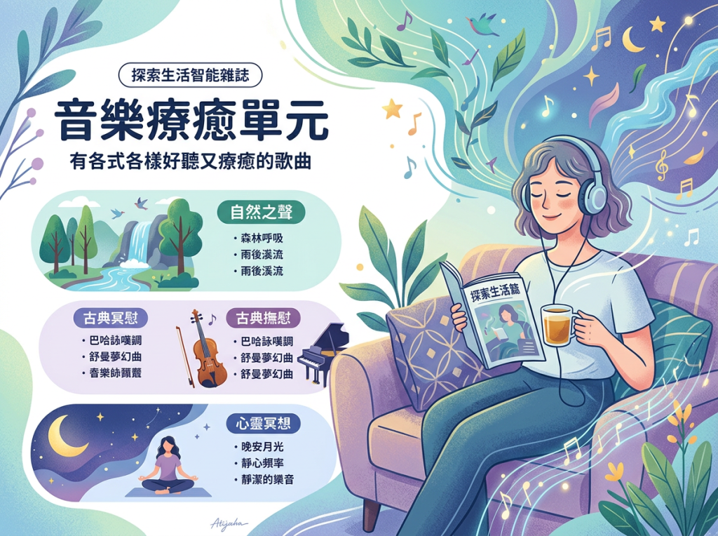 「探索生活智能雜誌」音樂療癒單元，介紹自然之聲、古典音樂與心靈冥想歌曲；女子戴耳機坐在沙發上閱讀並喝茶。