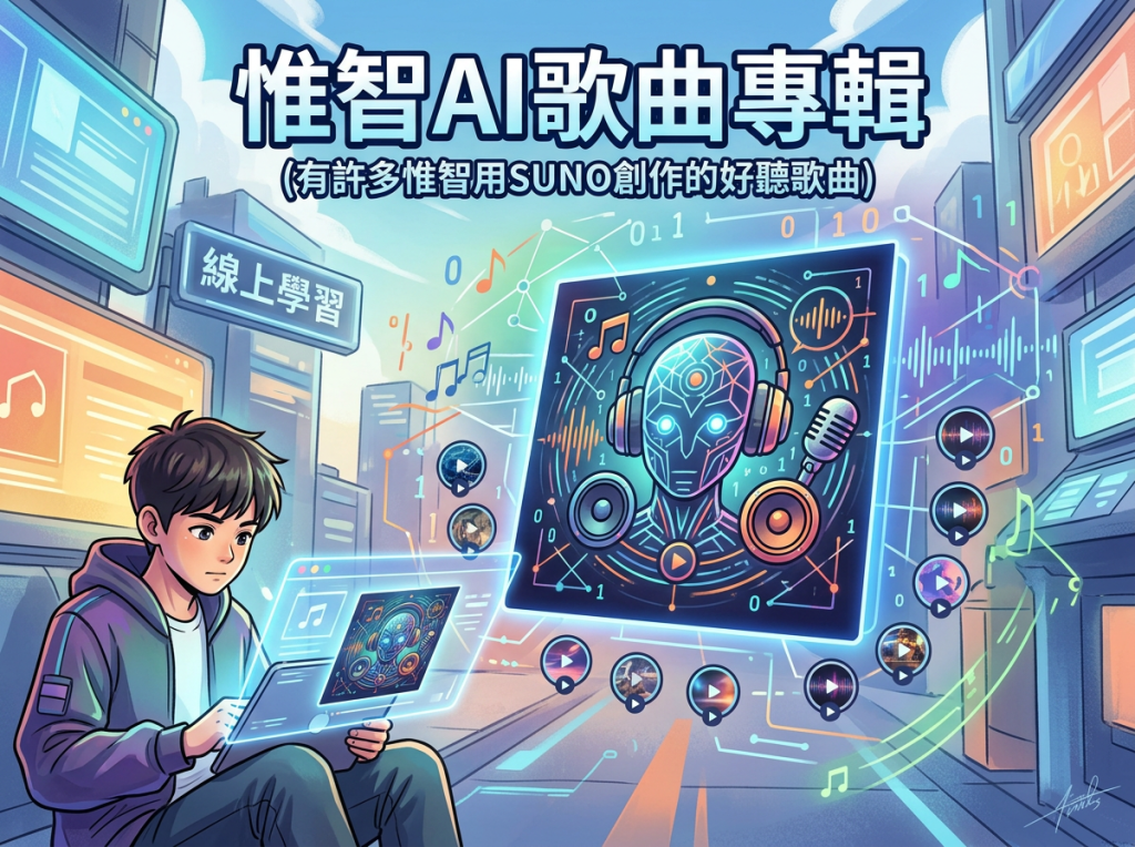 惟智AI歌曲專輯；有許多惟智用SUNO創作的好聽歌曲；線上學習；學生操作音樂AI介面