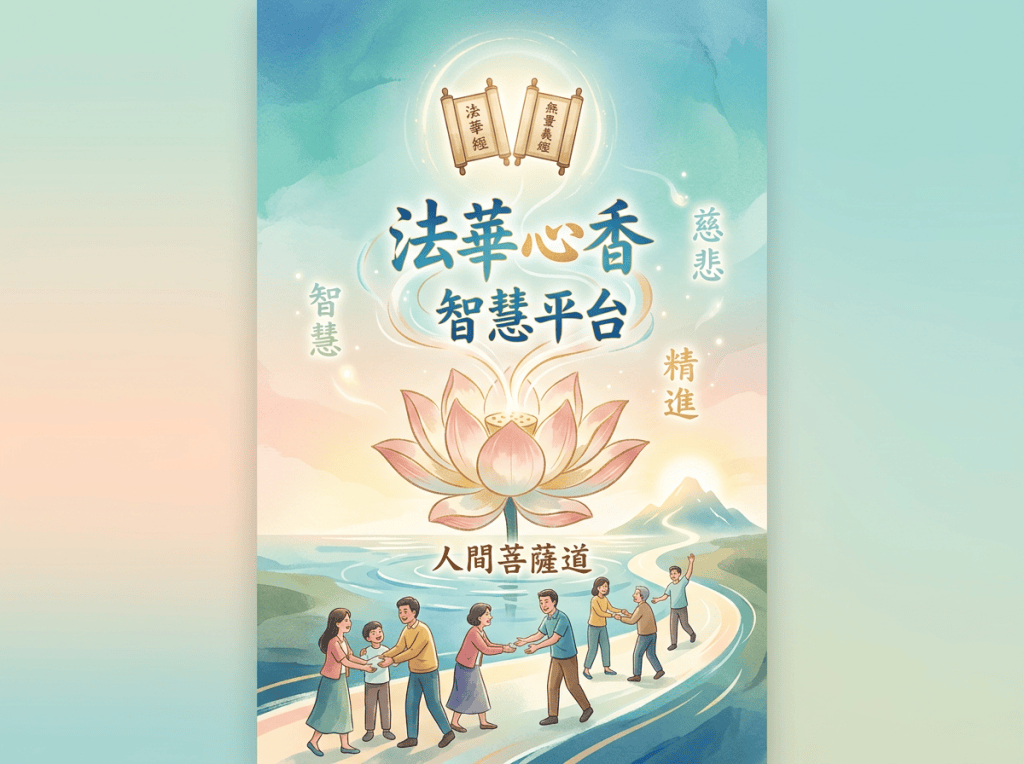 Poster with Chinese text: 法華心香、智慧平台、慈悲、智慧、精進、人間菩薩道、法華經、無量義經.