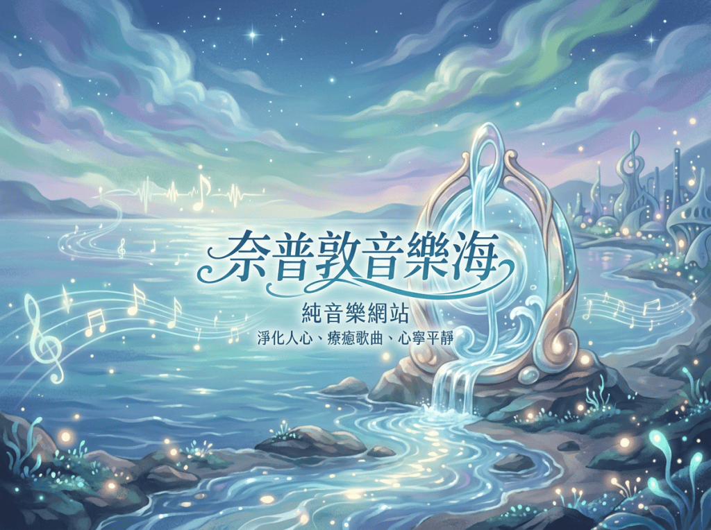 Fantasy seascape with musical notes and Chinese text: 奈普敦音樂海、純音樂網站、淨化人心・療癒歌曲・心寧平靜