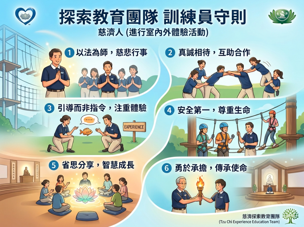 海報文字：探索教育團隊訓練員守則；慈濟人（進行室內外體驗活動）；1 以法為師，慈悲行事；2 真誠相待，互助合作；3 引導而非指令，注重體驗；4 安全第一，尊重生命；5 省思分享，智慧成長；6 勇於承擔，傳承使命；底部文字：*證嚴上人開示（Teachings of Master Cheng Yen）及（Tzu Chi Experience Education Team）。