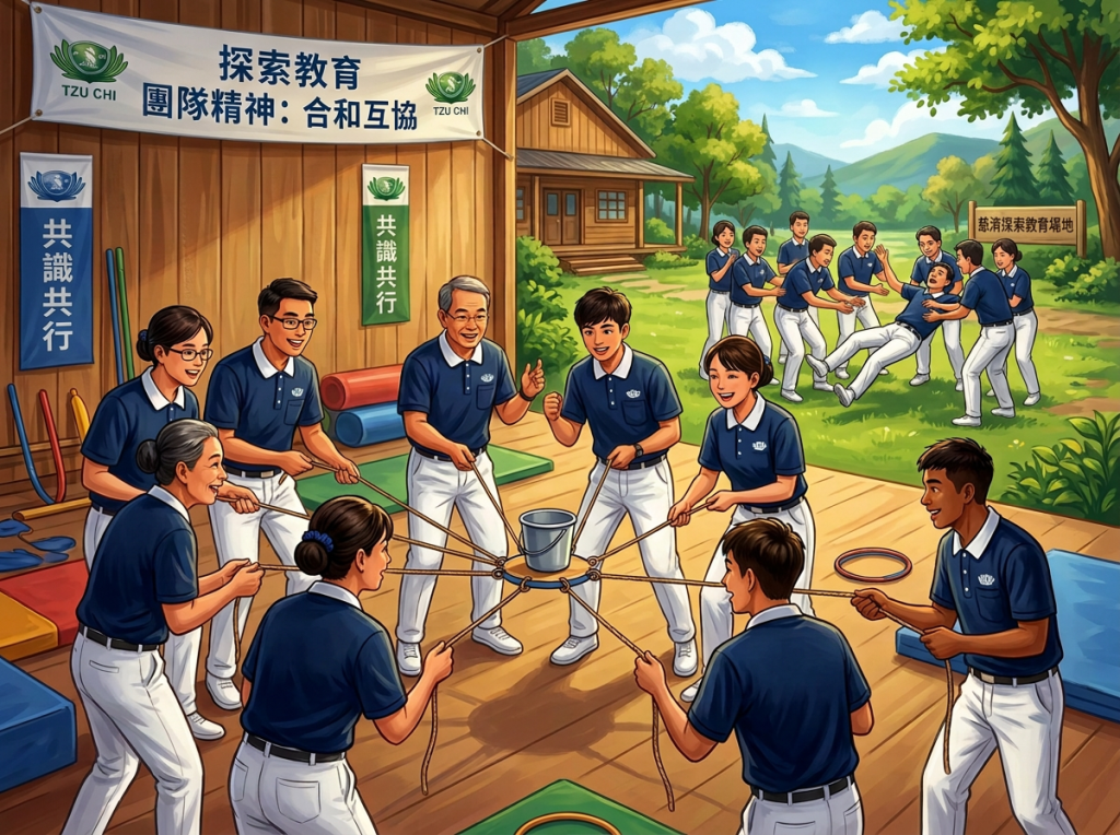 Tzu Chi volunteers play a rope-and-bucket teamwork game; banners read 探索教育、團隊精神：合和互協 and 藍天白雲.