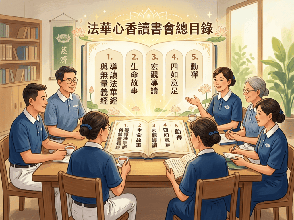 法華心香讀書會總目錄，列出五項主題：導讀法華經與無量義經、生命故事、宏觀導讀、四如意足、動禪；六位成員圍桌閱讀討論。