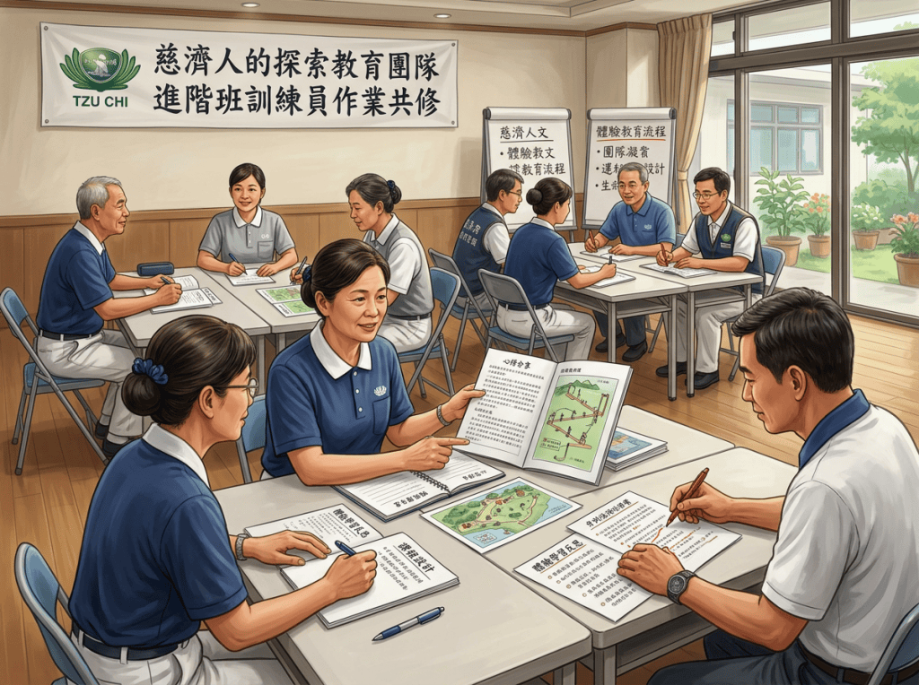 Tzu Chi educators studying together beneath a banner reading 慈濟人的探索教育團隊 進階班訓練員作業共修