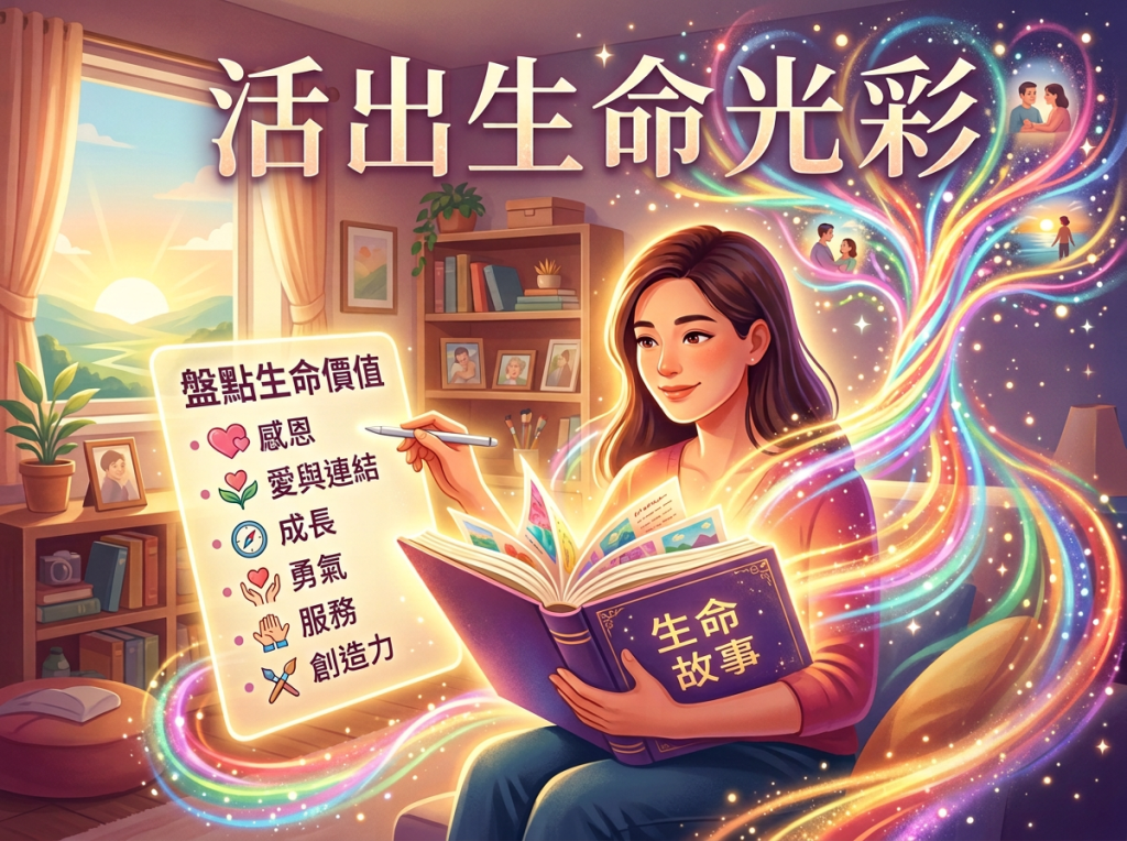 Illustration with Chinese text: 活出生命光彩, 盤點生命價值, 感恩, 愛與連結, 成長, 勇氣, 服務, 創造力, 生命故事, and 活出彩.
