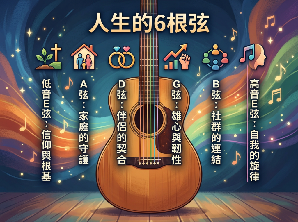 人生的6根弦；低音E弦：信仰与根基；A弦：家庭的守护；D弦：伴侣的契合；G弦：雄心与韧性；B弦：社群的连接；高音E弦：自我的旋律