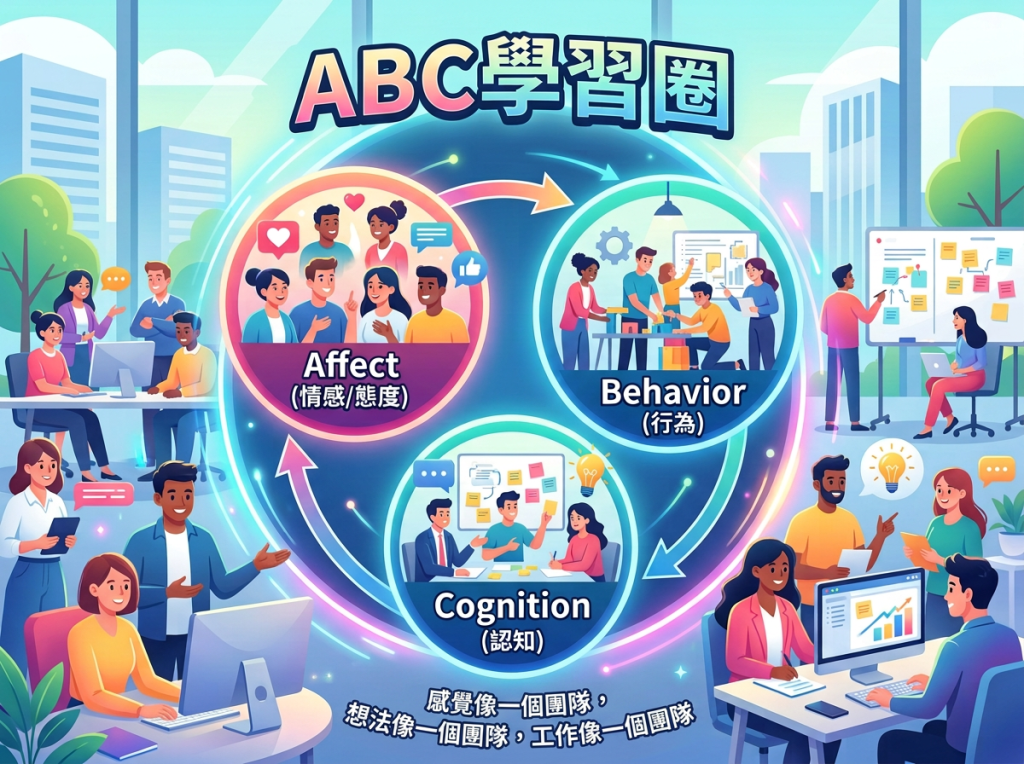 ABC學習圈；Affect（情感/態度）；Behavior（行為）；Cognition（認知）；（Affect、Behavior、Cognition）三者互相影響，循環圈，搭配團隊活動感覺